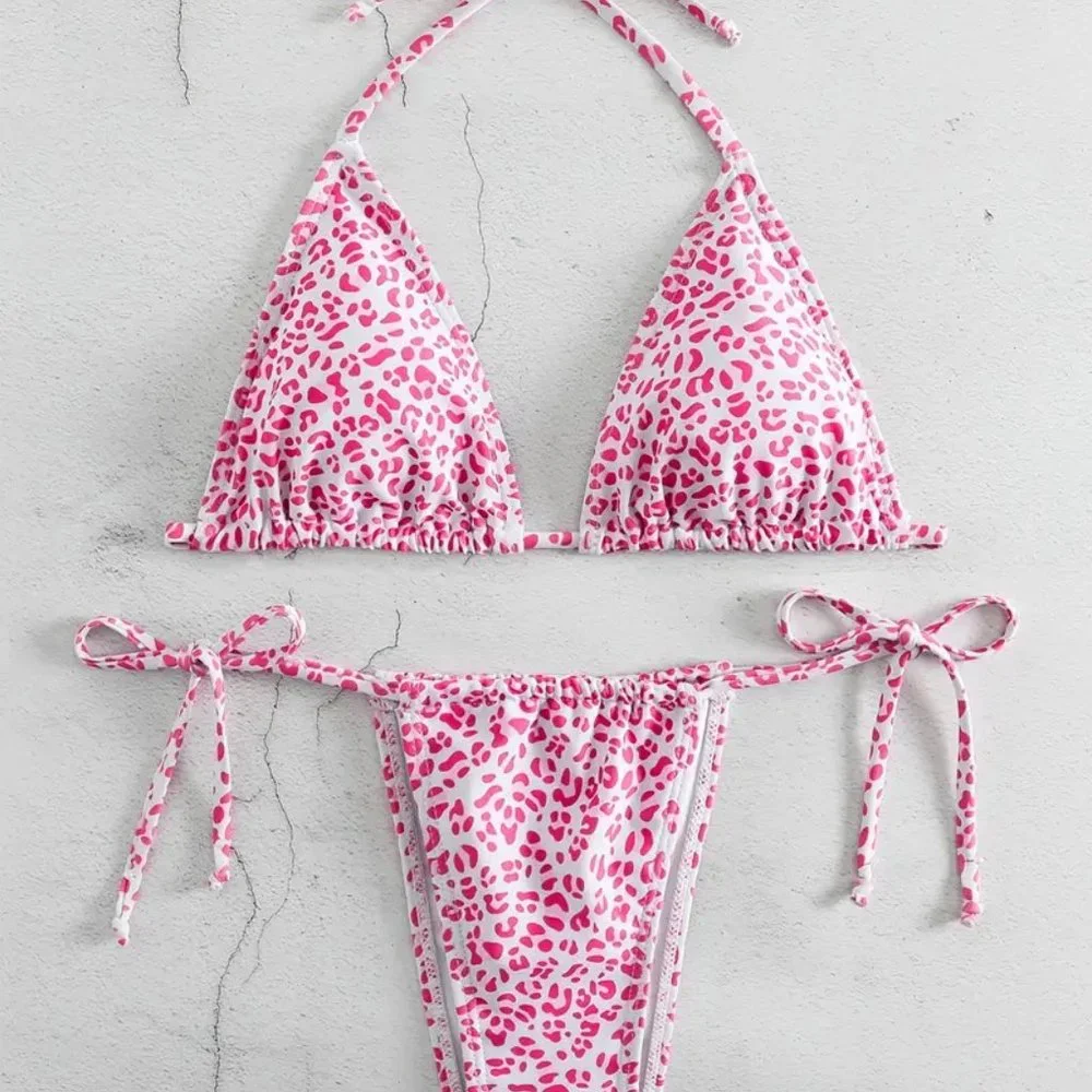 2 Piece Swimsuit, Halter Tide Side Triangle Bikini, Spaghetti Strap - Pink